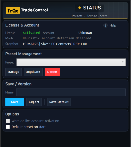 TradeControl status and presets